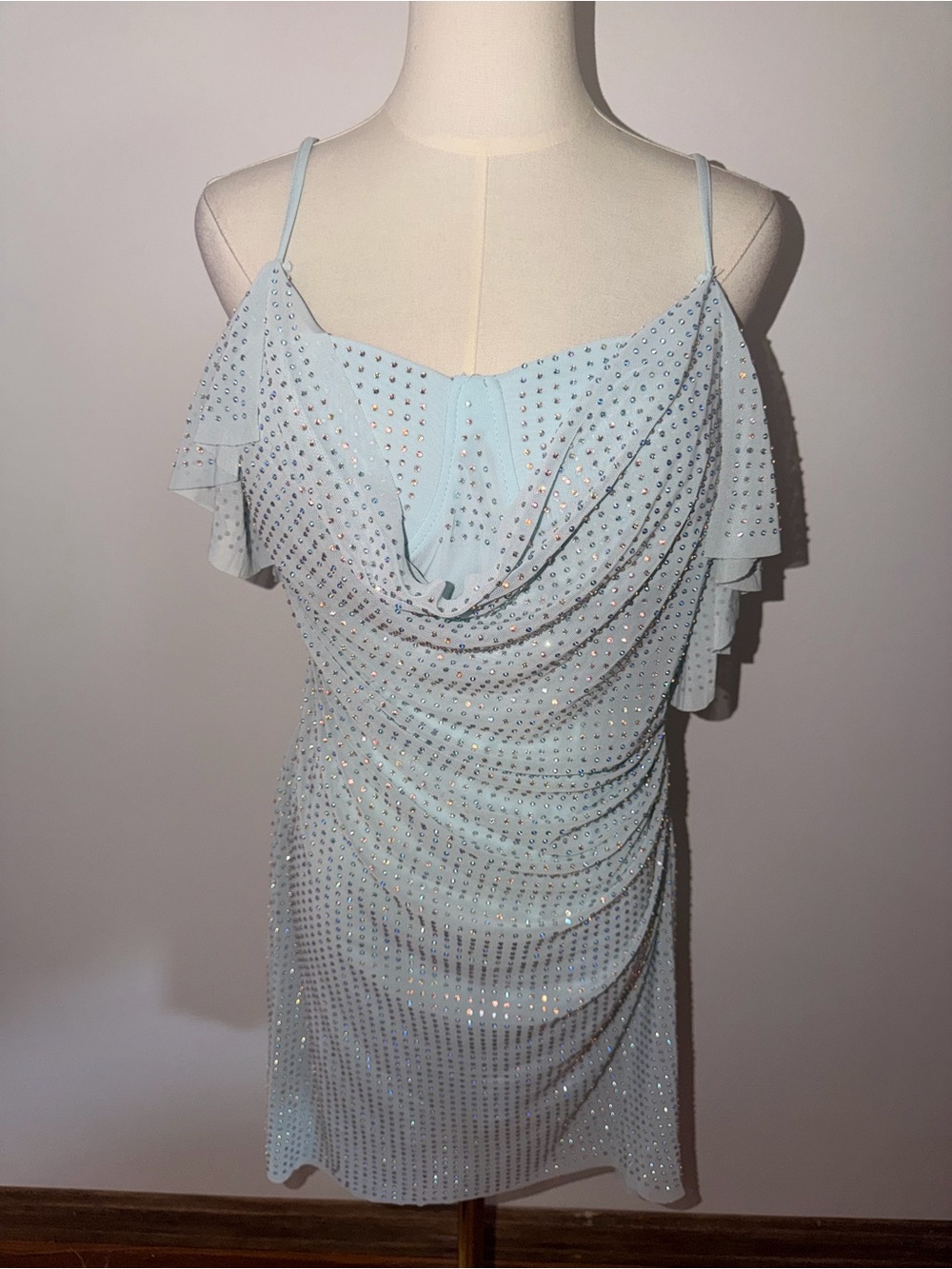 Elegant Baby Blue Rhinestone Draped Mini Dress
